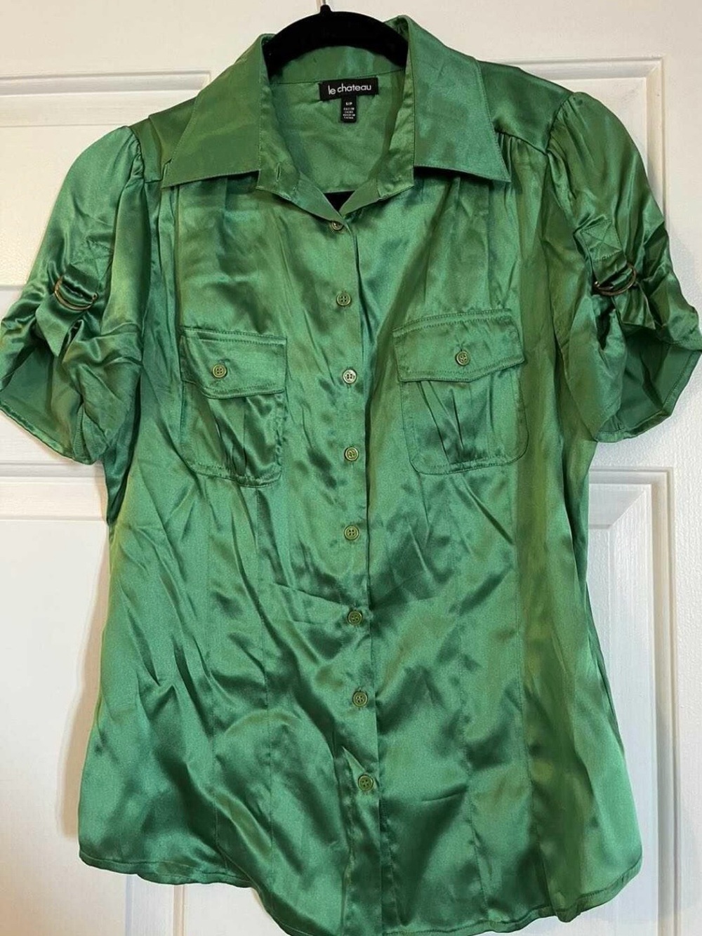 le chateau Emerald Green Satin Button-Front Short Sleeve Blouse